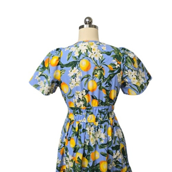 Anthropologie Dress Womens‎ XS Blue Lemon Print Cotton Maxi Tiered Puff Sleeve - Picture 8 of 12